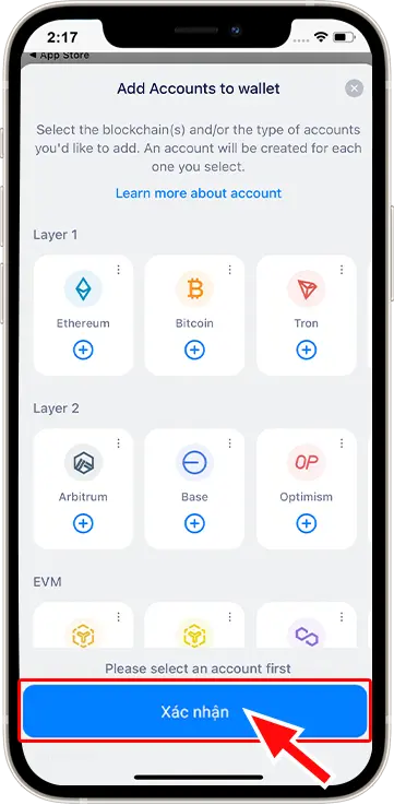 Bước 5: Chọn TRON hoặc blockchain cân sửdụng và ẩn "Xác nhận"